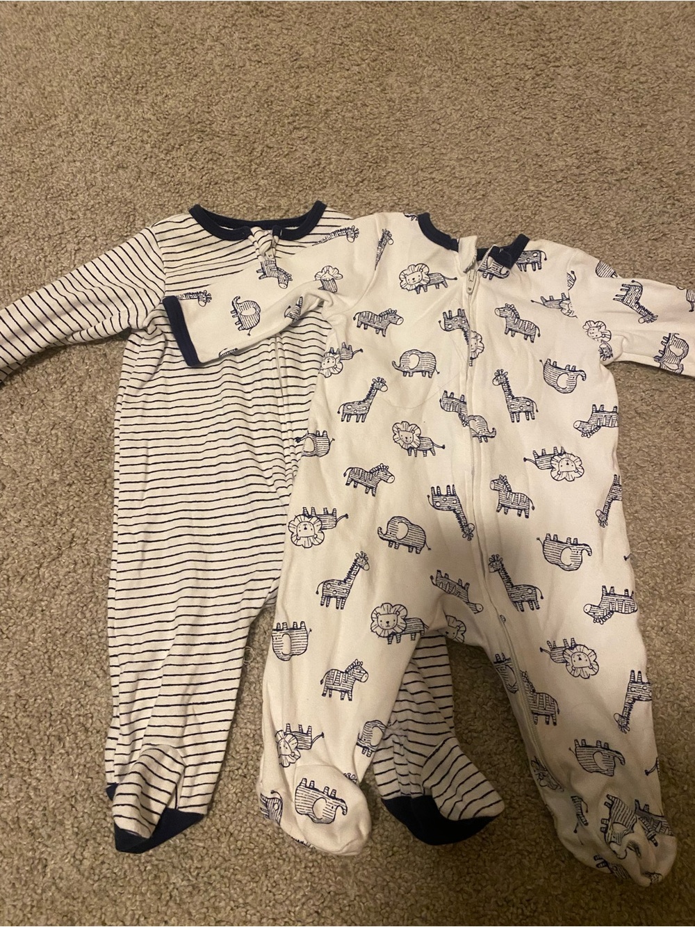 Little Me Navy and White Baby Pajama Set - Animal & Stripe Footed Sleepers